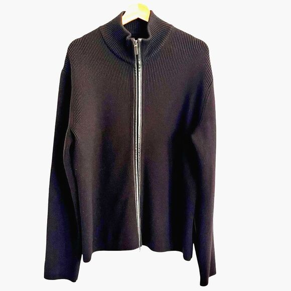 Cole Haan Mens Chocolate Brown Wool Cardigan Sweater XL Full Zip Leather Trim - Picture 1 of 10